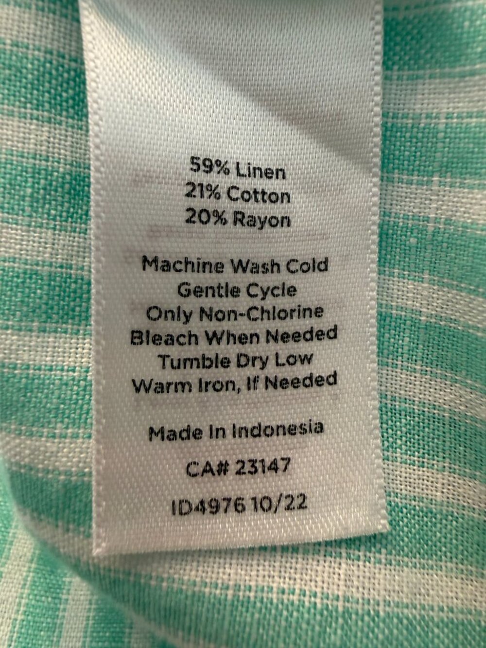 TALBOTS LINEN BLEND SHIRT XL WHITE/MINT GREEN STRIPED ROLL TAB COASTAL BREEZY - Picture 12 of 12